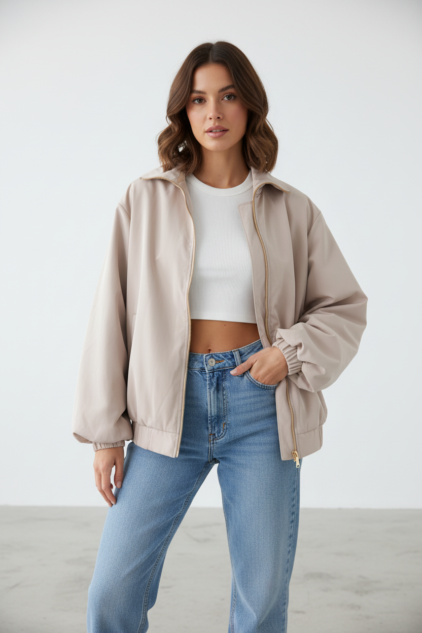 Beige jas op model